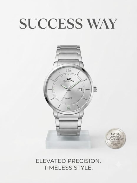 ​Success Way "Timeless Style" Men's Stainless Steel Swiss Quartz Watch with Silver Sunburst Dial