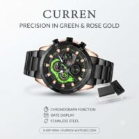 Curren Precision Men’s Chronograph Stainless Steel Watch – Black, Rose Gold & Green