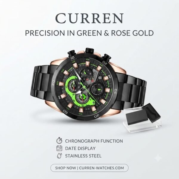 Curren Precision Men's Chronograph Stainless Steel Watch - Black, Rose Gold & Green