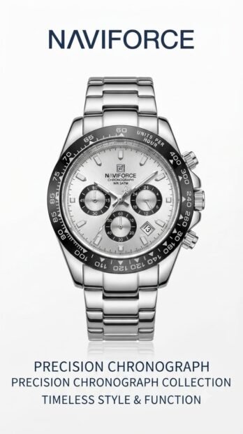 NAVIFORCE Silver Panda Chronograph Stainless Steel Men's Watch